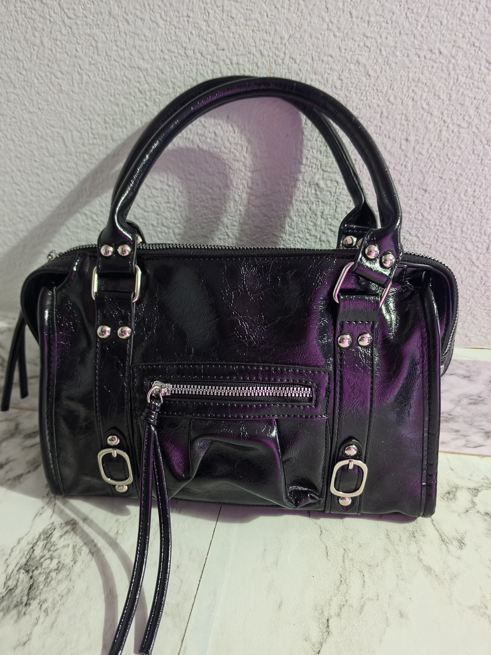 Classic Black Patent Satchel Bag - Women